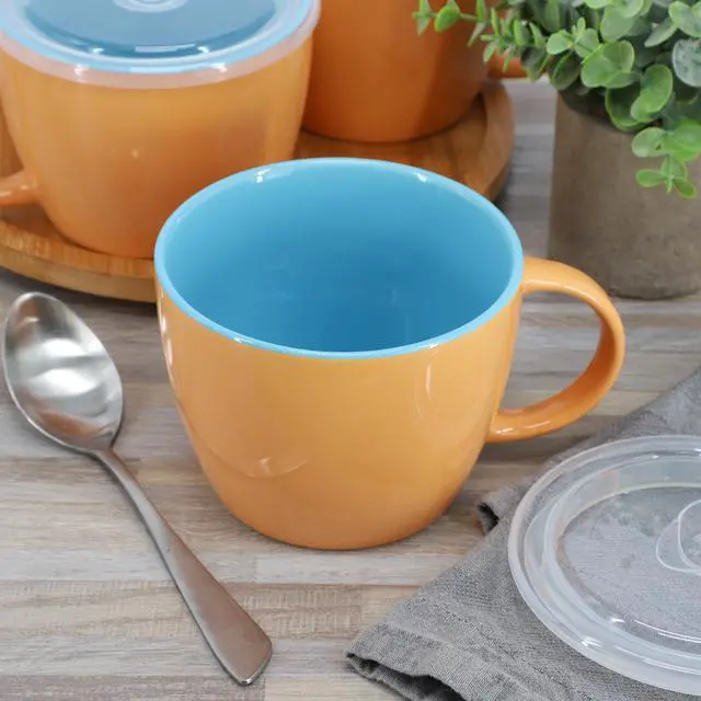 Alt view image 5 of 5 - Gibson Home On The Go 4 Piece 25 Ounce Stoneware Soup Cup Set with Lid in Peach