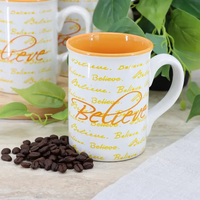 Alt view image 5 of 5 - Gibson Home Inspirational Words Believe 4 Piece 16 Ounce Stoneware Mug Set in Orange
