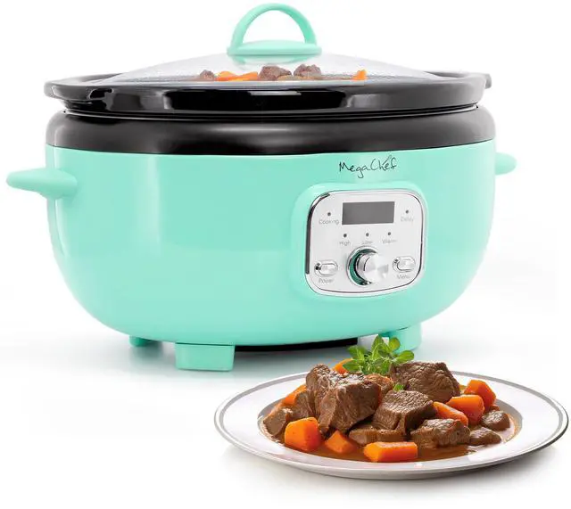 Main image of MegaChef 6.5 Liter Oval Electric Slow Cooker in Turquoise with Black Pot