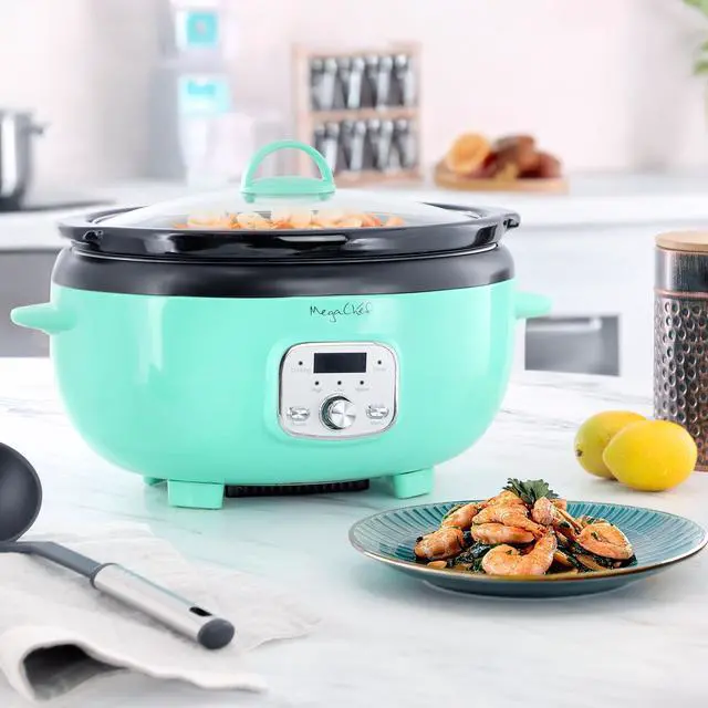 Alt view image 5 of 6 - MegaChef 6.5 Liter Oval Electric Slow Cooker in Turquoise with Black Pot