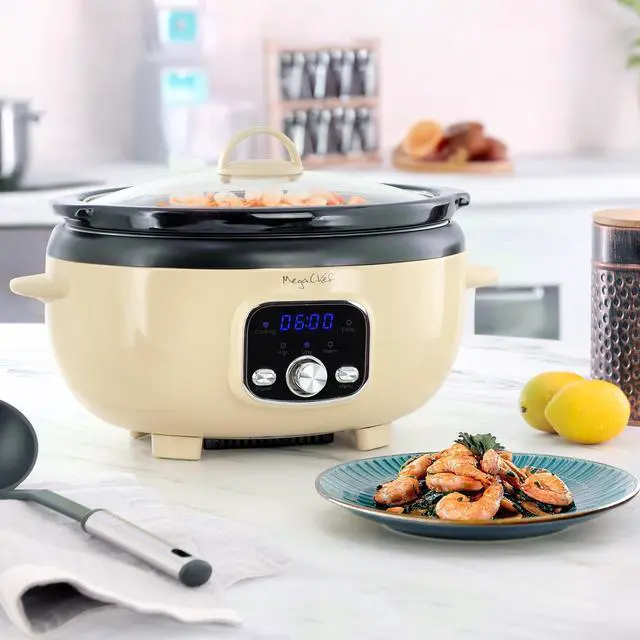 Alt view image 5 of 6 - MegaChef 6.5 Liter Oval Electric Digital Slow Cooker in Cream with Black Pot