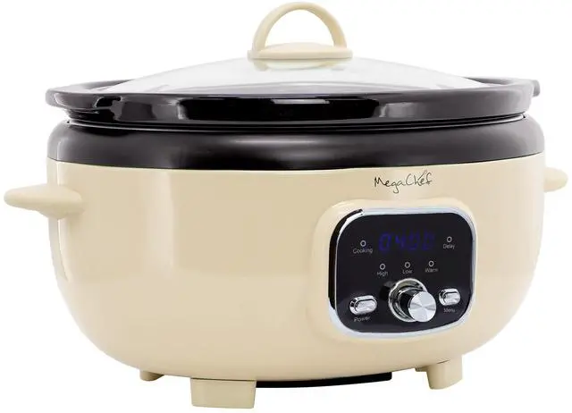 Alt view image 6 of 6 - MegaChef 6.5 Liter Oval Electric Digital Slow Cooker in Cream with Black Pot