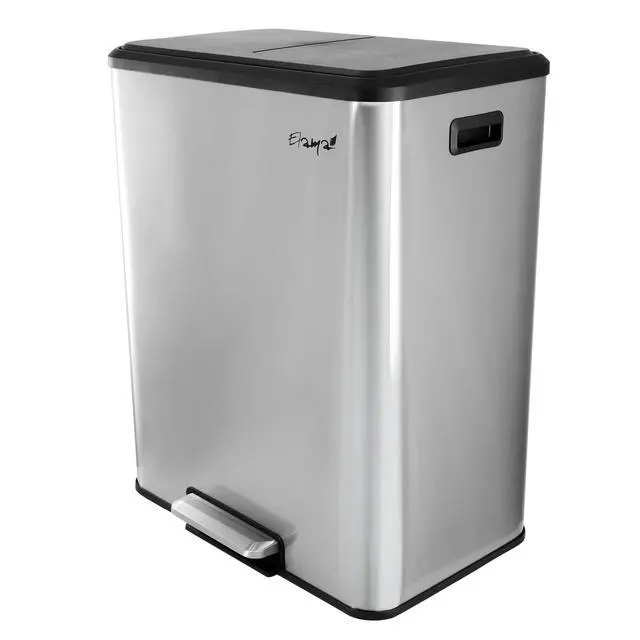 Alt view image 2 of 7 - Elama 60 Liter 2 Compartment Large 8 Gallon Split Stainless Steel Step Trash Bin with Slow Close Mechanism