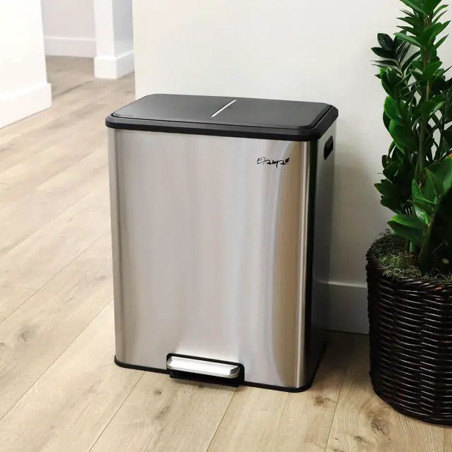 Alt view image 7 of 7 - Elama 60 Liter 2 Compartment Large 8 Gallon Split Stainless Steel Step Trash Bin with Slow Close Mechanism