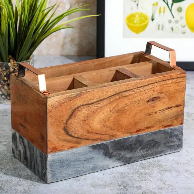 Alt view image 7 of 7 - Laurie Gates California Designs Grey Marble and Acacia Wood Salad Server Holder