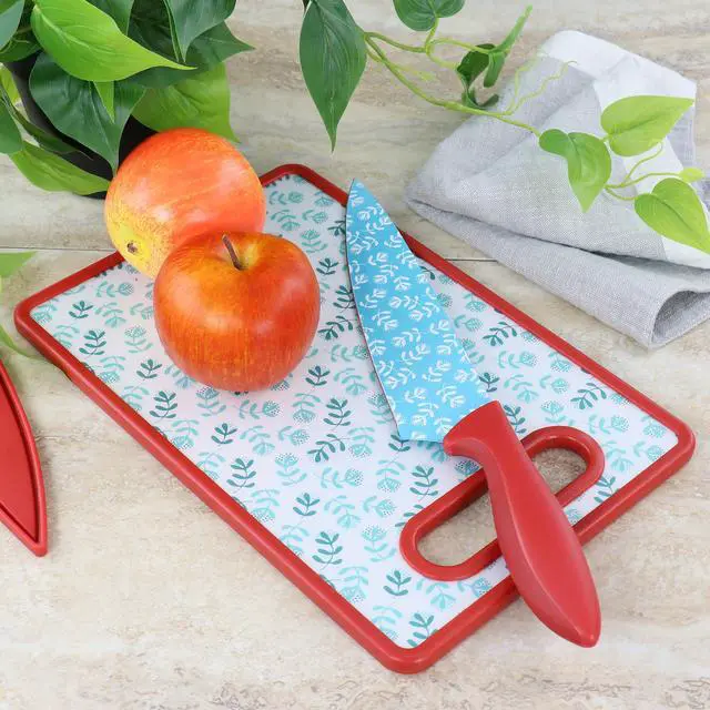 Alt view image 5 of 5 - Gibson Home Village Vines 3 Piece Cutting Board and Knife Set in Red and Blue