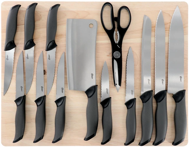 Main image of Oster Lindbergh 14 Piece Stainless Steel Cutlery Knife Set in Black with Cutting Board