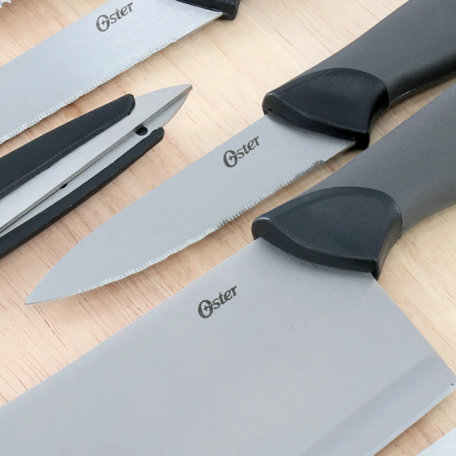 Alt view image 7 of 7 - Oster Lindbergh 14 Piece Stainless Steel Cutlery Knife Set in Black with Cutting Board