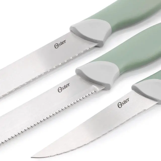 Alt view image 5 of 6 - Oster Linbergh 14 Piece Stainless Steel Cutlery and Cutting Board Set in Green with Soft-Grip Handles