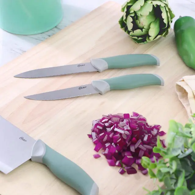 Alt view image 6 of 6 - Oster Linbergh 14 Piece Stainless Steel Cutlery and Cutting Board Set in Green with Soft-Grip Handles