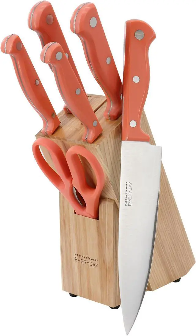 Main image of Martha Stewart Everyday Keswick 7 Piece Stainless Steel Cutlery and Wood Block Set in Coral