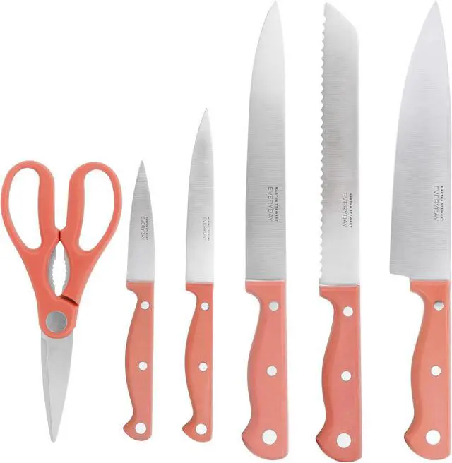 Alt view image 2 of 7 - Martha Stewart Everyday Keswick 7 Piece Stainless Steel Cutlery and Wood Block Set in Coral