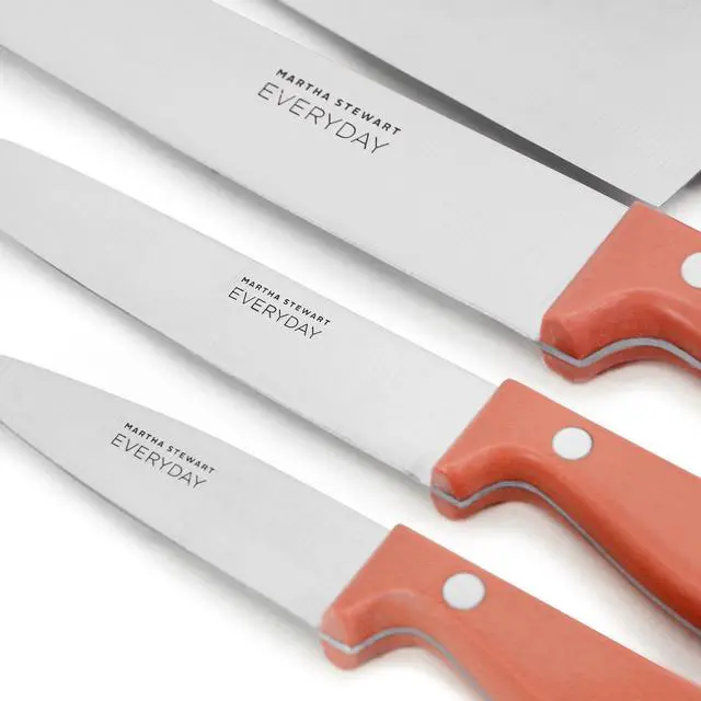 Alt view image 6 of 7 - Martha Stewart Everyday Keswick 7 Piece Stainless Steel Cutlery and Wood Block Set in Coral