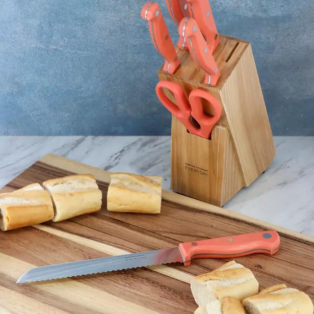 Alt view image 7 of 7 - Martha Stewart Everyday Keswick 7 Piece Stainless Steel Cutlery and Wood Block Set in Coral