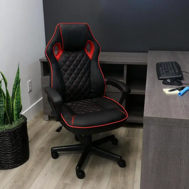 Alt view image 6 of 6 - Elama High Back Adjustable Faux Leather Office Chair in Black and Red Trim
