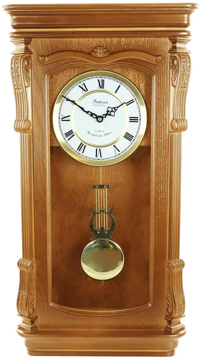 Main image of Bedford Clock Collection Golden Oak Chiming Pendulum Wall Clock