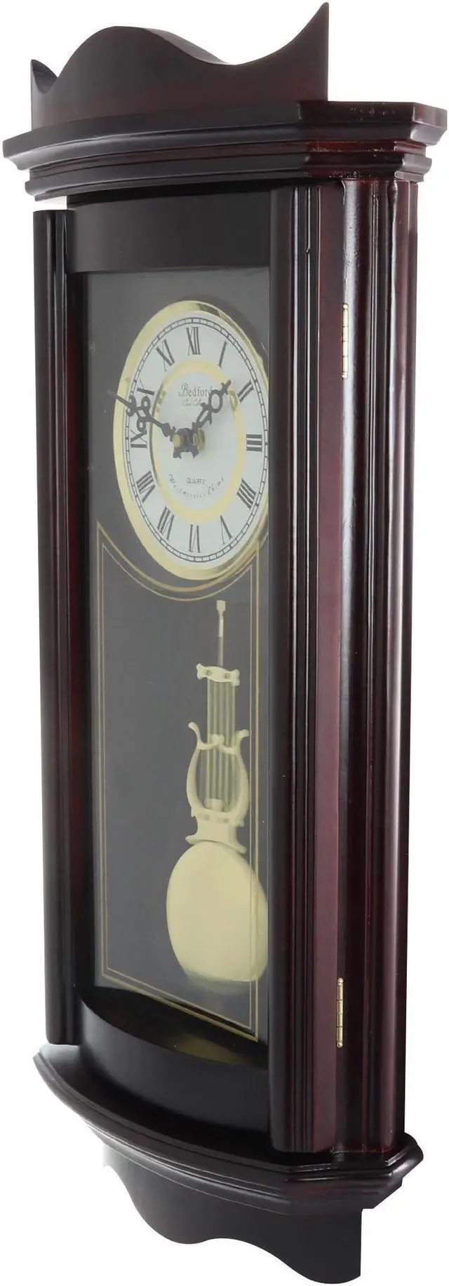 Alt view image 2 of 6 - Bedford Clock Collection 25 Inch Chiming Pendulum Wall Clock in Weathered Chocolate Cherry Finish