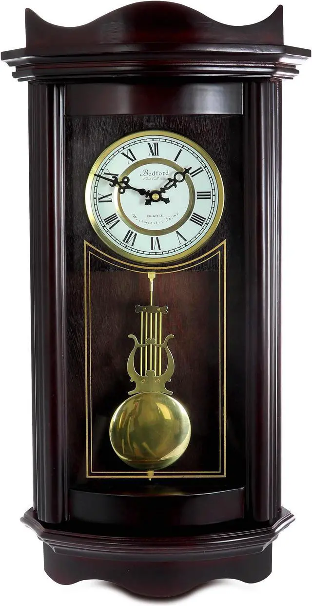 Main image of Bedford Clock Collection 25 Inch Chiming Pendulum Wall Clock in Weathered Chocolate Cherry Finish