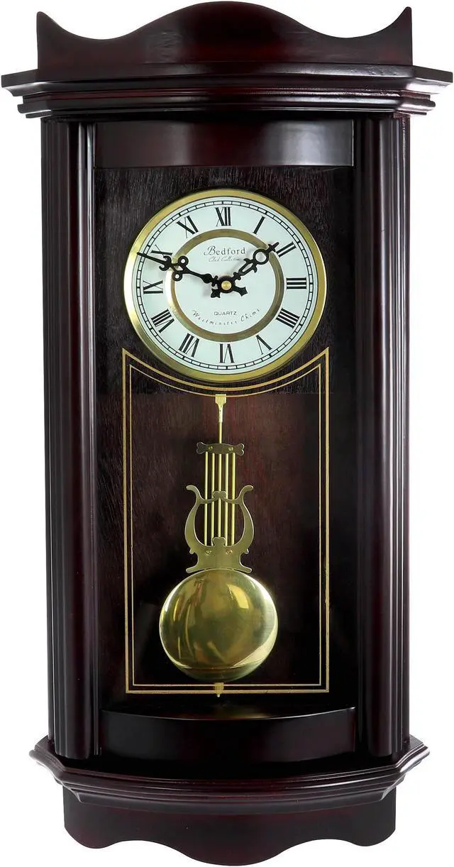 Alt view image 5 of 6 - Bedford Clock Collection 25 Inch Chiming Pendulum Wall Clock in Weathered Chocolate Cherry Finish