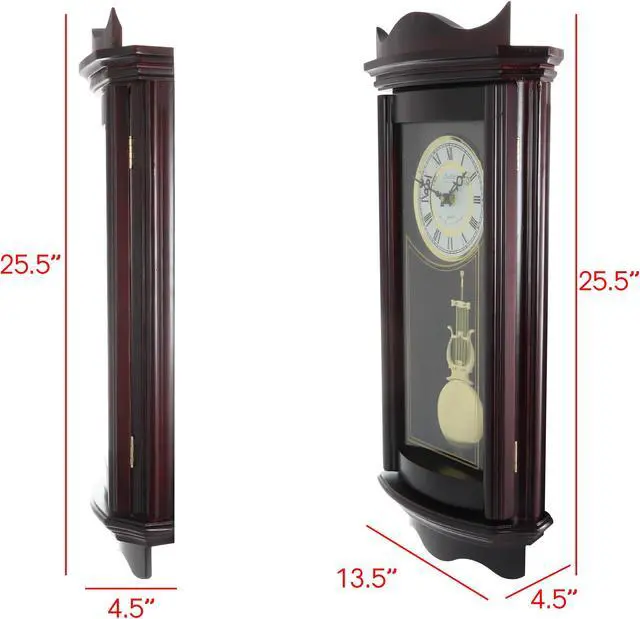Alt view image 6 of 6 - Bedford Clock Collection 25 Inch Chiming Pendulum Wall Clock in Weathered Chocolate Cherry Finish