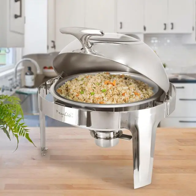 Alt view image 6 of 6 - MegaChef 6.3 Quart Round Stainless Steel Dome Roll Top Professional Chafing Dish/Food Warmer/Buffet Server Serving Dish with Windown