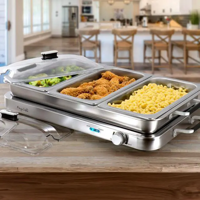 Alt view image 7 of 7 - MegaChef 3-in-1 Electric Chaffing Buffet Server and Warming Tray with Triple 2.63 Quart Trays and 8.6 Quart Baking Pan