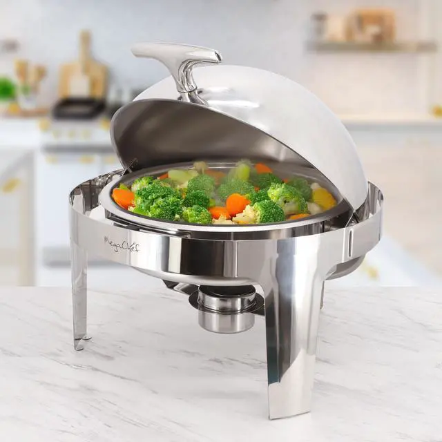 Alt view image 7 of 7 - MegaChef 6.3 Quart Round Stainless Steel Dome Roll Top Professional Chafing Dish/Food Warmer/Buffet Server Serving Dish