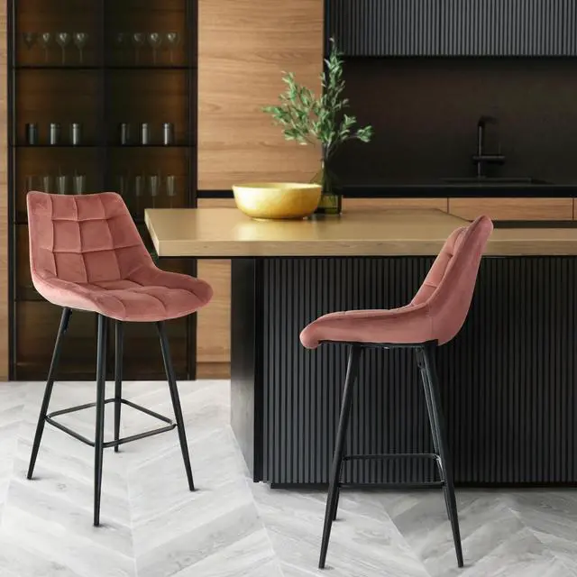 Alt view image 5 of 6 - Elama 2 Piece Velvet Tufted Bar Chair in Pink with Metal Legs