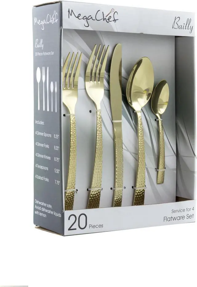 Main image of MegaChef Baily 20 Piece Flatware Utensil Set, Stainless Steel Silverware Metal Service for 4 in Light Gold