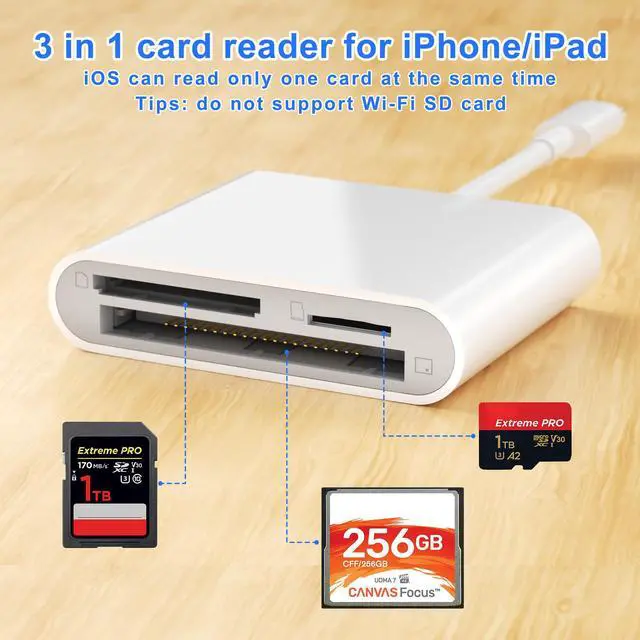 Alt view image 2 of 5 - CF SD Card Reader for iPhone iPad, 3 in 1 Compact Flash Memory Card Reader Adapter, 3-Slot MicroSD CF SD Trail Game Digital Camera Viewer for iPhone 13/13 Pro/12/12 Pro No App Required