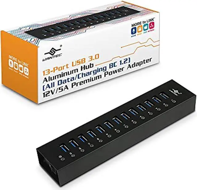 Main image of vantec 13-port usb 3.0 hub, aluminum, full powered, mountable, with all ports data & charging up to 1.5a, bc 1.2, premium 12v/5a power adapter (ugt-ah131u3-bk)