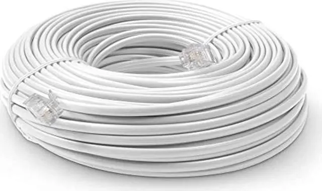 Main image of phone line cord 100 feet - modular telephone extension cord 100 feet - 2 conductor (2 pin, 1 line) cable - works great with fax, aio, and other machines - white