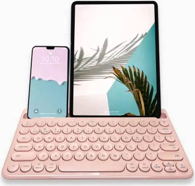Main image of macally pink bluetooth keyboard for tablet and phone - multi device wireless keyboard for iphone ipad - rechargeable bluetooth tablet keyboard with stand
