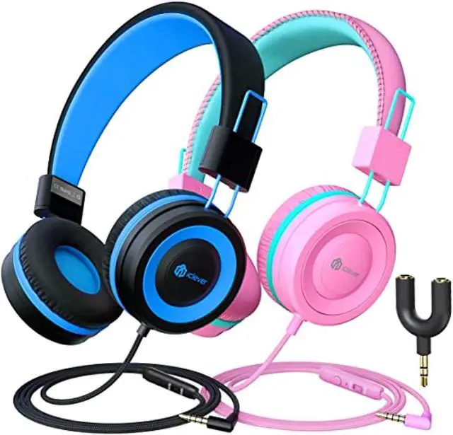 Main image of [2 pack] iclever kids headphones with microphone, safe volume limited 85db/94db -sharing splitter- wired headphones for kids boys girls, foldable headphones for online school/travel/ipad, black&pink