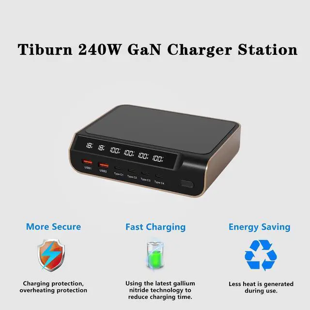 Alt view image 2 of 6 - TIBURN 240W GaN Charger Station Desktop with Digital Display Screen USB C Fast Charging Wireless Charger USB A Charger Power Adapter for iPad Phone Laptop for Office