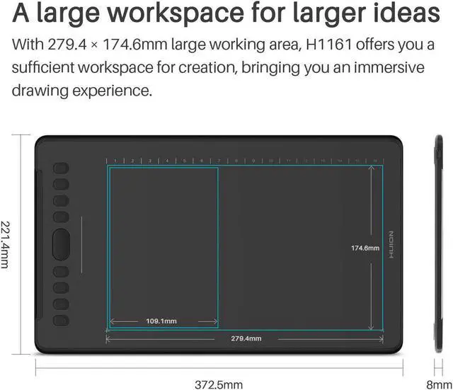 Alt view image 2 of 6 - HUION Inspiroy H1161 Graphics Drawing Tablets, Touch Strip and 8192 Pen Pressure Sketch Tablet with Battery-Free Stylus,10 Shortcut Keys, Compatible with Android, Windows, and Mac