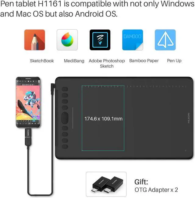 Alt view image 6 of 6 - HUION Inspiroy H1161 Graphics Drawing Tablets, Touch Strip and 8192 Pen Pressure Sketch Tablet with Battery-Free Stylus,10 Shortcut Keys, Compatible with Android, Windows, and Mac