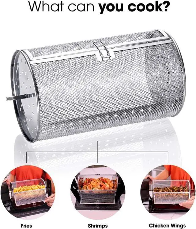 Alt view image 4 of 7 - Roto-Q 360 Rotisserie Basket (Round) Grill Accessory Stainless Steel Food Attachment For Chicken Wings, Nuggets, Fries, Mix Vegetables, Beans, Coffee, Popcorn, and much more.