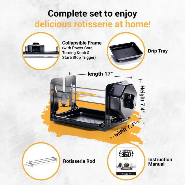Alt view image 6 of 7 - ROTO-Q 360 Basic Set | Universal BLACK Non-Electric, Cordless Rotisserie for Grills, Ovens & Smokers | Portable Mechanical BBQ Rotisserie Kit