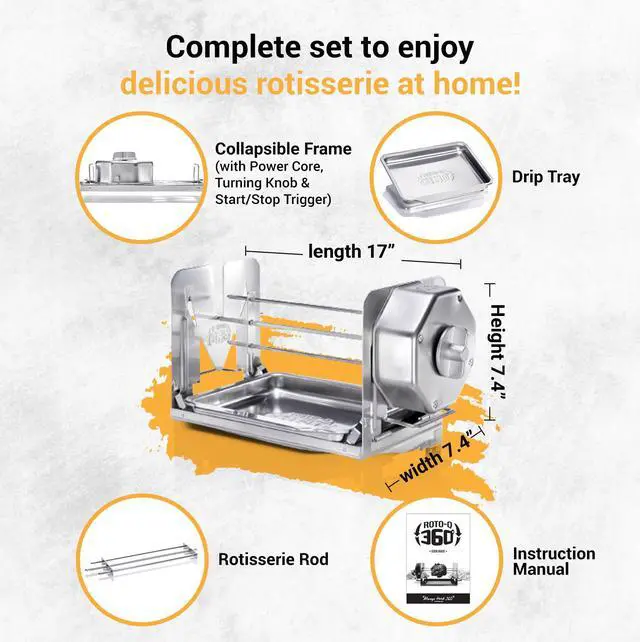 Alt view image 3 of 7 - ROTO-Q 360: The Worlds First Non Electric Self-Rotating Rotisserie. Cordless Rotisserie Kit for Grills, Ovens, Smokers - Gas/Charcoal BBQ - Kamado Joe Big Greenegg
