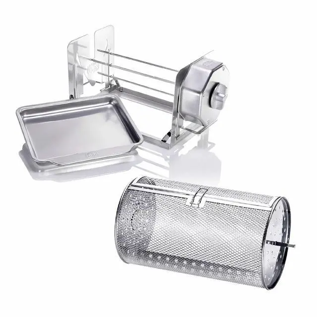 Main image of ROTO-Q 360 Basic Set + Basket Bundle (Stainless Steel) | Universal Non-Electric, Cordless Rotisserie with Round Basket | Portable BBQ Rotisserie Kit for Grills, Ovens & Smokers