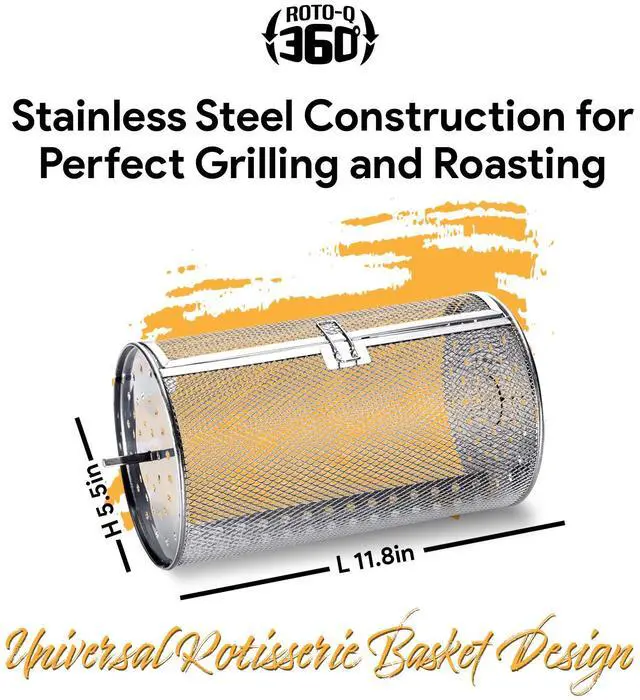 Alt view image 3 of 7 - ROTO-Q 360 Basic Set + Basket Bundle (Stainless Steel) | Universal Non-Electric, Cordless Rotisserie with Round Basket | Portable BBQ Rotisserie Kit for Grills, Ovens & Smokers