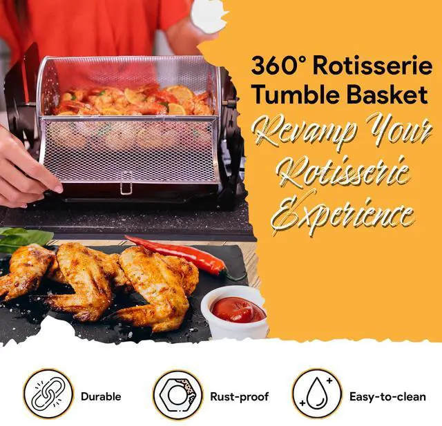 Alt view image 4 of 7 - ROTO-Q 360 Basic Set + Basket Bundle (Stainless Steel) | Universal Non-Electric, Cordless Rotisserie with Round Basket | Portable BBQ Rotisserie Kit for Grills, Ovens & Smokers