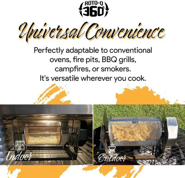 Alt view image 5 of 7 - ROTO-Q 360 Basic Set + Basket Bundle (Stainless Steel) | Universal Non-Electric, Cordless Rotisserie with Round Basket | Portable BBQ Rotisserie Kit for Grills, Ovens & Smokers
