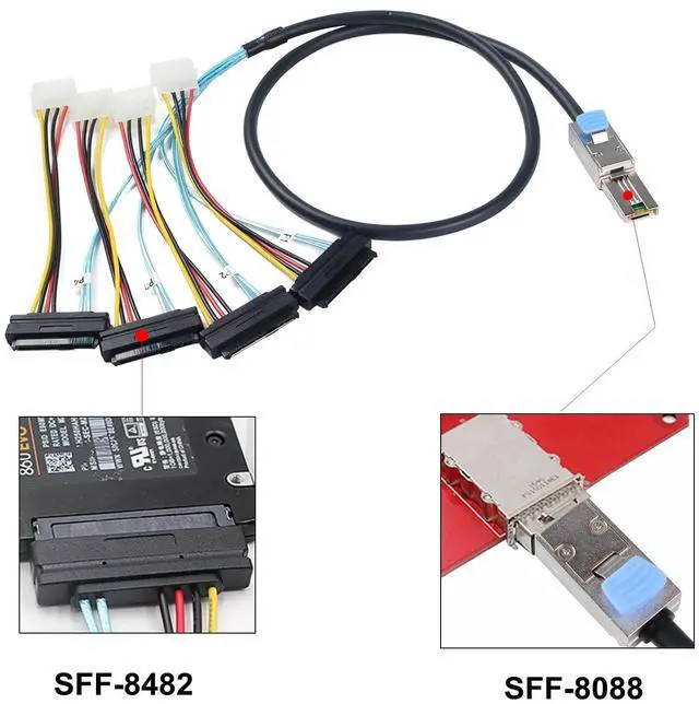 Alt view image 2 of 6 - Mini-SAS SFF-8088 26P to 4 X SAS SFF-8482 29 Pin with Power Cable 2 Meter 6.6FT
