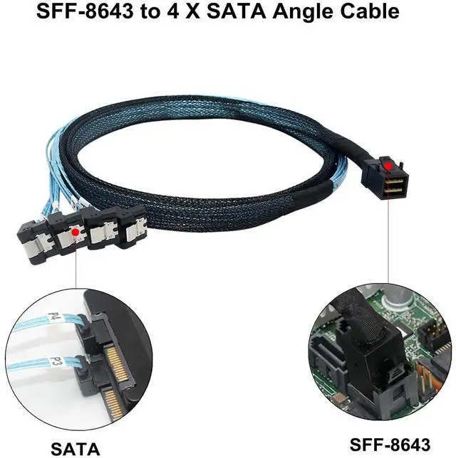 Alt view image 2 of 5 - HD Mini SAS (SFF-8643 Host) - 4X SATA 90 Degree (Target) Cable, SFF-8643 to 4X SATA Cable, SFF-8643 for Controller, 4 Sata Connect to Hard Drive  1M , 3.3feet