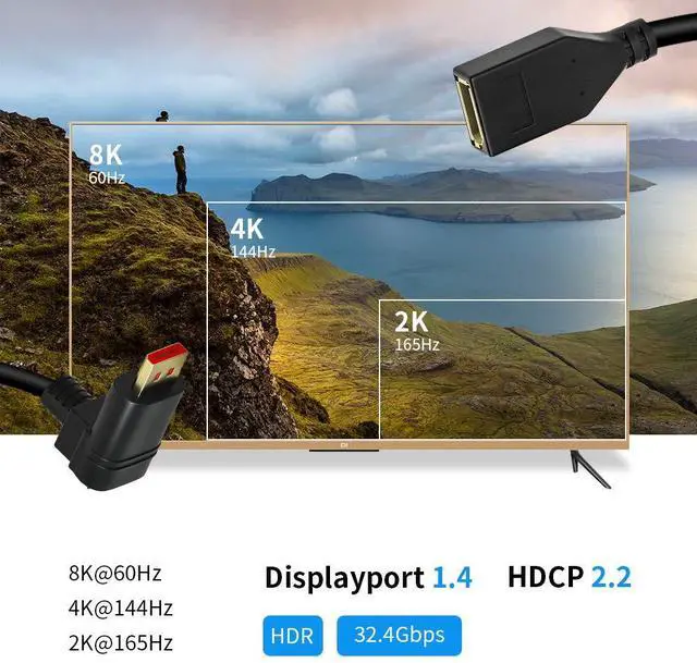 Alt view image 2 of 7 - Vszerda 8K@60Hz 90 Degree Displayport 1.4 Extension Cable, Male to Female Right Angle DP 1.4 Cord Support 8k@60Hz, 4K@144hz 0.3M/1FT