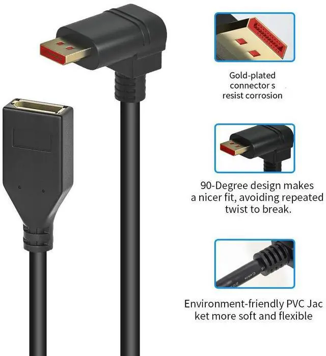 Alt view image 4 of 7 - Vszerda 8K@60Hz 90 Degree Displayport 1.4 Extension Cable, Male to Female Right Angle DP 1.4 Cord Support 8k@60Hz, 4K@144hz 0.3M/1FT