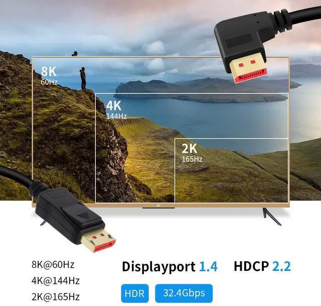 Alt view image 2 of 7 - Vszerda 8K@60Hz 90 Degree Angled DP 1.4 Cable Male to Male Right Angle Displayport 1.4 Cable Support 8K@60Hz, 4K@144Hz, 1080P@240Hz 6FT/1.8M