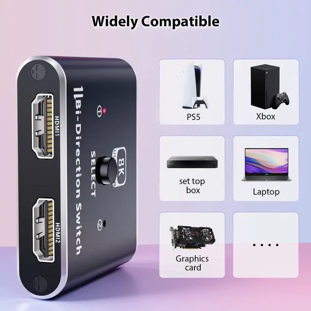 Alt view image 4 of 7 - 8K HDMI Switch, Vszerda Bidirectional HDMI Switch 2 in 1out /1 in 2 Out, Support 4K@120Hz, 8K@60Hz for PS5/4/3 Nintendo Switch Xbox hdmi TV